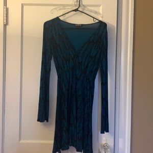 Express size small black and blue feather dress with belled sleeves